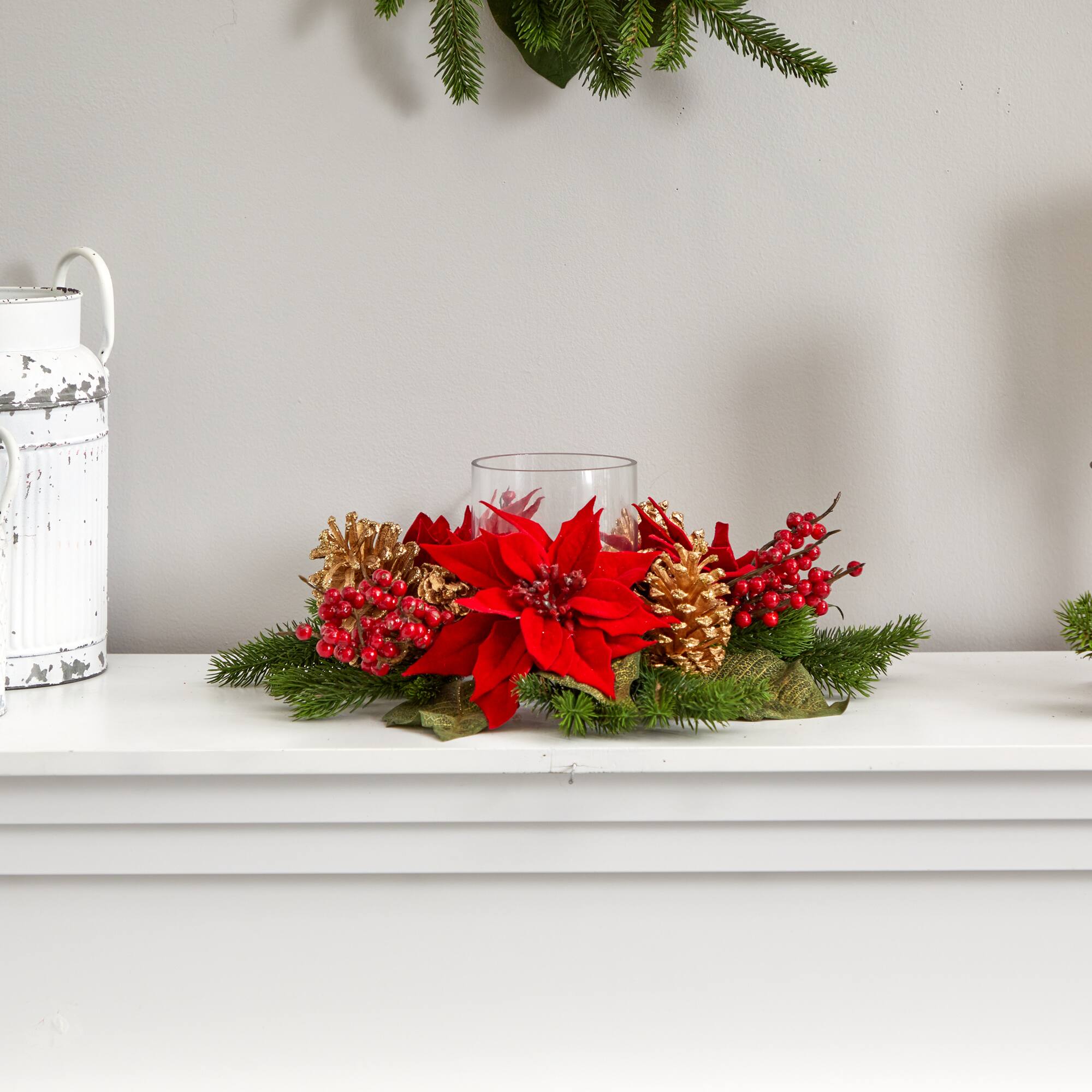 14" Poinsettia, Berry & Golden Pinecone Candelabrum Artificial Arrangement